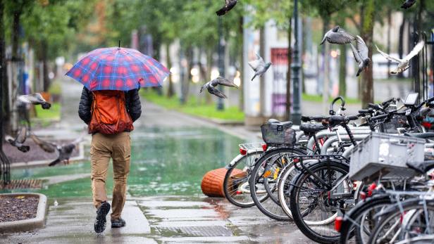 Mann geht mit Regenschirm 