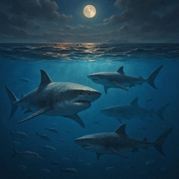 Eine Illustration zeigt Urhaie im Meer.